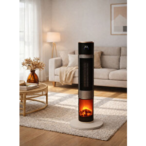 Hoogar German HG-BLKO White Oval Seri OLED Şömineli Ekran Dijital Kule Tipi Seramik Fanlı Isıtıcı