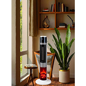 Hoogar German HG-BLKO White Oval Seri OLED Şömineli Ekran Dijital Kule Tipi Seramik Fanlı Isıtıcı