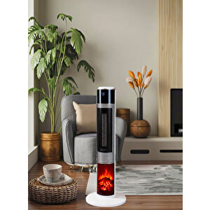 Hoogar German HG-BLKO White Oval Seri OLED Şömineli Ekran Dijital Kule Tipi Seramik Fanlı Isıtıcı