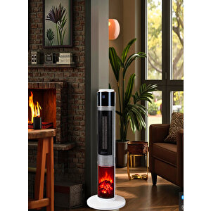 Hoogar German HG-BLKO White Oval Seri OLED Şömineli Ekran Dijital Kule Tipi Seramik Fanlı Isıtıcı