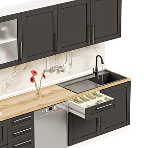 Dekorex Pia Antrasit Serisi 345 Cm Aspiratör Ve Çekmece Modüllü Meşe Tezgahlı Hazır Mutfak Pa-345asp-bc-mt