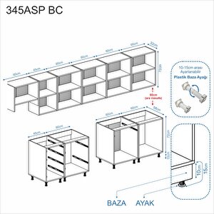 Dekorex Pia Antrasit Serisi 345 Cm Aspiratör Ve Çekmece Modüllü Meşe Tezgahlı Hazır Mutfak Pa-345asp-bc-mt