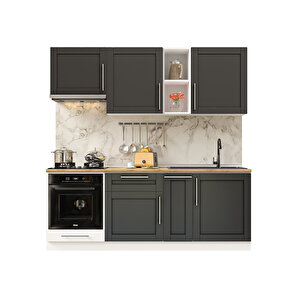 Pia Antrasit Serisi 210 Cm Antrasit Aspiratör Ve Fırın Modüllü Meşe Tezgahlı Hazır Mutfak Pa-210asp-mt 210 cm