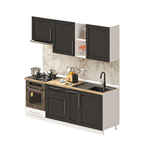 Pia Antrasit Serisi 210 Cm Antrasit Aspiratör Ve Fırın Modüllü Meşe Tezgahlı Hazır Mutfak Pa-210asp-mt 210 cm