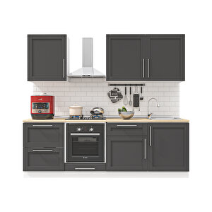 Pia Antrasit Serisi 240 Cm Fırın Ve Çekmece Modüllü Meşe Tezgahlı Hazır Mutfak Pa-240dav-c-mt 240 cm