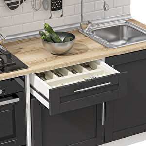 Dekorex Pia Antrasit Serisi 240 Cm Fırın Ve Çekmece Modüllü Meşe Tezgahlı Hazır Mutfak Pa-240dav-c-mt