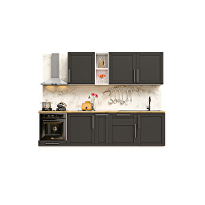 Pia Antrasit Serisi 270 Cm Antrasit Fırın Modüllü Meşe Tezgahlı Hazır Mutfak Pa-270dav-mt 270 cm