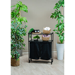 ̇ 2 Raflı 2 Bölmeli  Kirli Sepet Dekoratif Kumaşlı Metal Gövde  Çok Amaçlı Düzenleyici