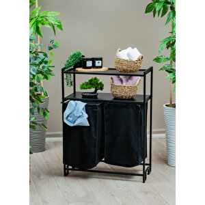 Uyan Ev Ürünleri̇ 2 Raflı 2 Bölmeli  Kirli Sepet Dekoratif Kumaşlı Metal Gövde  Çok Amaçlı Düzenleyici