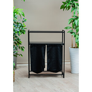 Uyan Ev Ürünleri̇ 2 Raflı 2 Bölmeli  Kirli Sepet Dekoratif Kumaşlı Metal Gövde  Çok Amaçlı Düzenleyici