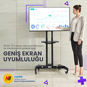 Nb Ergonomic Nb Ava1500-60-1p Lcd Led Oled Plazma Düz Panel Ekranlar Için 32-75 Inch Tuv Sertifikalı Tekerlekli Profosyonel Tv Sehpası