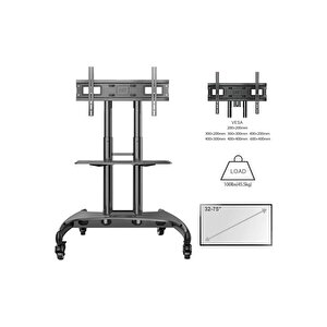 Ava1500-60-1p Düz Panel Ekranlar Için 32-75 Inch Uyumlu Tuv Sertifikalı Tekerlekli Tv Standı