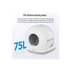 Cb001 Akıllı Otomatik Kedi Tuvaleti, 75lt Hazneli, 45 Adet Çöp Torbası + Elekli Paspas