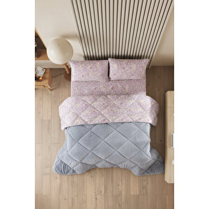 Nordelle Battal Boy Lüx Wellsoft Yorgan Çift Taraflı - 2 Adet Yastık Kılıflı Yorgan Seti 215x235 Cm Gri-Pudra
