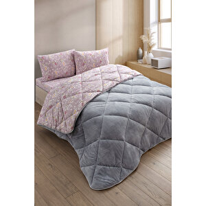 Nordelle Battal Boy Lüx Wellsoft Yorgan Çift Taraflı - 2 Adet Yastık Kılıflı Yorgan Seti 215x235 Cm Gri-Pudra