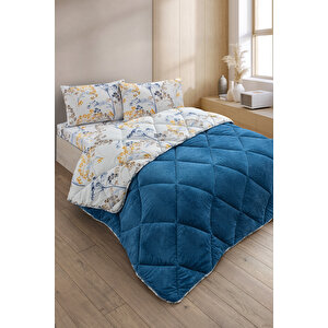 Nordelle Battal Boy Lüx Wellsoft Yorgan Çift Taraflı - 2 Adet Yastık Kılıflı Yorgan Seti 215x235 Cm Mavi-Sarı