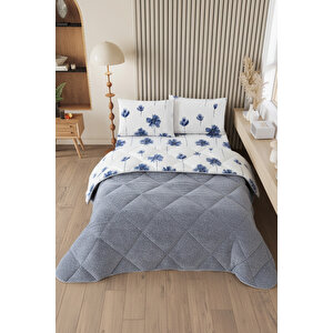 Nordelle Battal Boy Lüx Wellsoft Yorgan Çift Taraflı - 2 Adet Yastık Kılıflı Yorgan Seti 215x235 Cm Gri Mavi