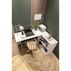 L Çalışma Masası Bilgisayar Masası Dolaplı Kitaplıklı L Masa Beyaz 145cm