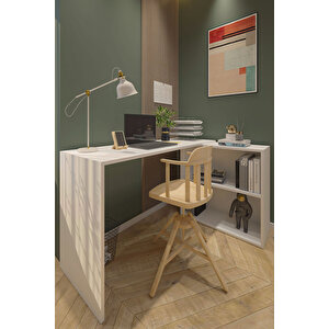 L Çalışma Masası Bilgisayar Masası Dolaplı Kitaplıklı L Masa Beyaz 145cm