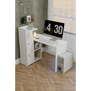 L Çalışma Masası Kitaplıklı Dolaplı Beyaz