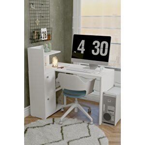 L Çalışma Masası Kitaplıklı Dolaplı Beyaz