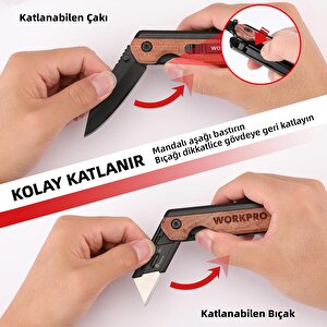 Workpro Wp211015 2-in-1 Ahşap Saplı Profesyonel Cep Çakısı & Katlanır Rötuş Maket Bıçağı + 11 Adet Yedek Bıçak