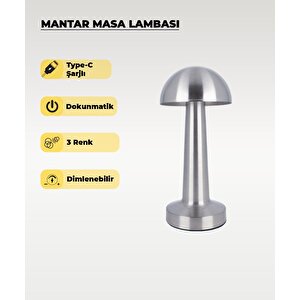 Krom Mantar Masa Lambası - Dokunmatik - 3 Renk Işık