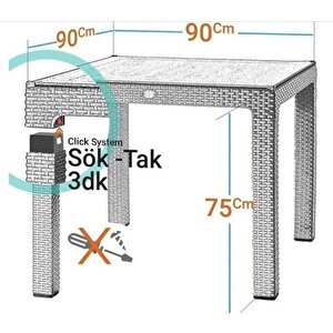 90x90 Rattan Camlı Masa Balkon Bahçe Teras Masası Kare Rattan Masa