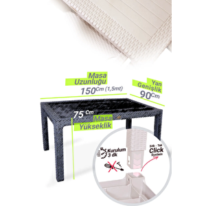 Rattan Masa 90x150 Camsız Masa - Bahçe Balkon Teras Masası  Büyük Boy