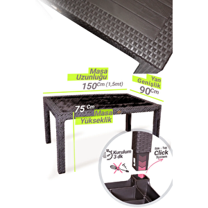 Rattan Masa 90x150 Camsız Masa - Bahçe Balkon Teras Masası  Büyük Boy