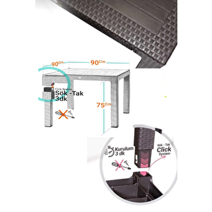 90x90 Rattan Masa Balkon Bahçe Teras Masası Kare Rattan Masa