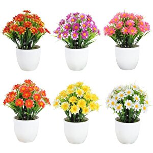 6lı Set Yapay Çiçek Papatya Beyaz Saksıda Karışık Renkler