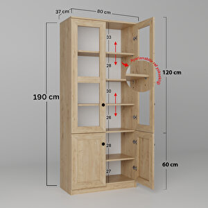 Lisa 4 Kapaklı Safir Meşe Vitrin -kitaplık Ve Çok Amaçlı Dolap