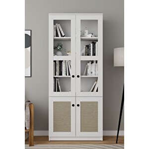 Lisa Kumaş Desenli 4 Kapaklı Beyaz Vitrin - Kitaplık Ve Çok Amaçlı Dolap