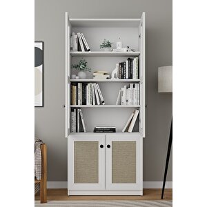 Lisa Kumaş Desenli 4 Kapaklı Beyaz Vitrin - Kitaplık Ve Çok Amaçlı Dolap