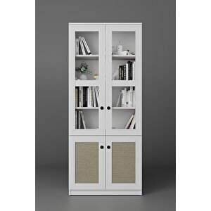 Lisa Kumaş Desenli 4 Kapaklı Beyaz Vitrin - Kitaplık Ve Çok Amaçlı Dolap
