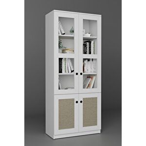 Lisa Kumaş Desenli 4 Kapaklı Beyaz Vitrin - Kitaplık Ve Çok Amaçlı Dolap