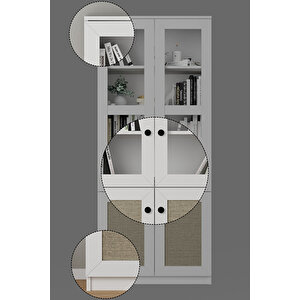 Lisa Kumaş Desenli 4 Kapaklı Beyaz Vitrin - Kitaplık Ve Çok Amaçlı Dolap