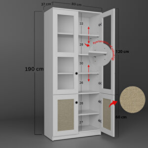 Lisa Kumaş Desenli 4 Kapaklı Beyaz Vitrin - Kitaplık Ve Çok Amaçlı Dolap