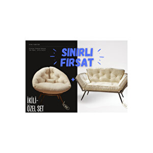 Elite Comfort Set | Premium Tekli Berjer + İkili Kanepe | Konforlu Oturma Takımı Krem