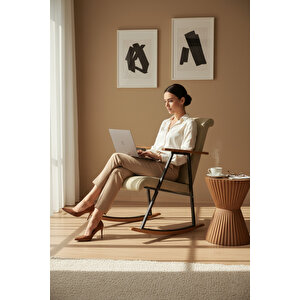 Premium Ahşap Sallanan Sandalye | Modern Tv Ve Dinlenme Koltuğu | Ergonomik Sallanan Berjer Krem