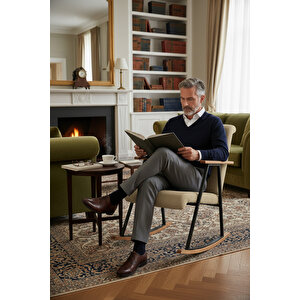 Premium Ahşap Sallanan Sandalye | Modern Tv Ve Dinlenme Koltuğu | Ergonomik Sallanan Berjer Krem