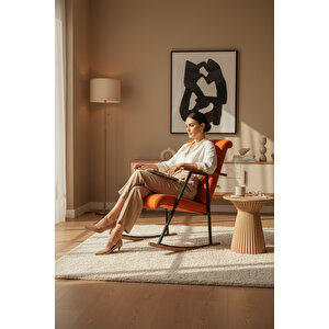 Premium Ahşap Sallanan Sandalye | Modern Tv Ve Dinlenme Koltuğu | Ergonomik Sallanan Berjer Turuncu