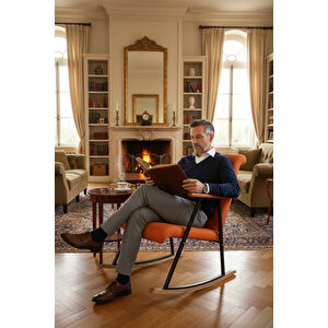 Premium Ahşap Sallanan Sandalye | Modern Tv Ve Dinlenme Koltuğu | Ergonomik Sallanan Berjer Turuncu