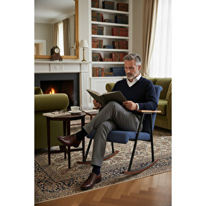 Premium Ahşap Sallanan Sandalye | Modern Tv Ve Dinlenme Koltuğu | Ergonomik Sallanan Berjer Mavi