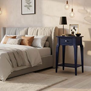 Masif Konik Lacivert Raflı Komodin - Mini Dresuar