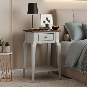 Masif Konik Açık Gri  Ceviz Raflı Komodin - Mini Dresuar