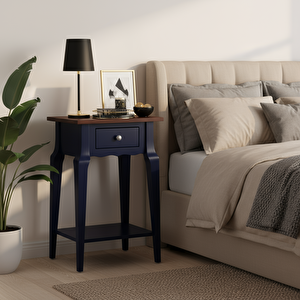 Masif Konik Lacivert Ceviz Raflı Komodin - Mini Dresuar