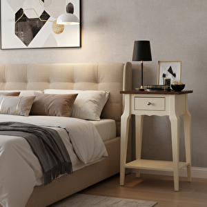 Masif Konik Krem Ceviz Raflı Komodin - Mini Dresuar