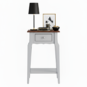 Masif Konik Açık Gri Ceviz Raflı Yan Sehpa - Saksılık